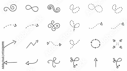 Vector illustration showing a variety of hand drawn doodle elements including arrows swirls and other decorative shapes