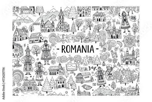 Cultural exploration of romania traditional architecture and folklore illustrations in a scenic landscape. Vector illustration