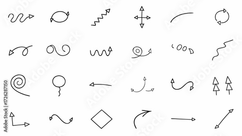 Vector illustration of various hand drawn black arrows and shapes on a white background in a grid pattern