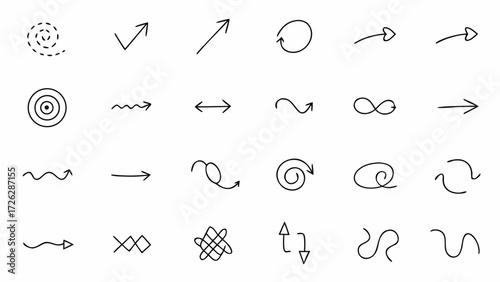 Vector collection of hand drawn arrows and directional symbols in various styles and orientations on a white background