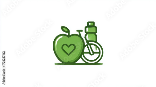 Green outlined icon of an apple, bicycle, and water bottle, simple style, representing healthy living and eco-friendly fitness.