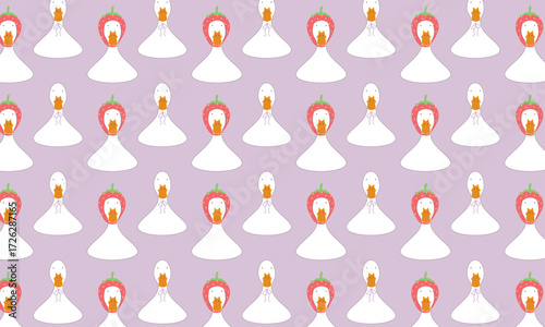 This pattern features cute white ducks. Among them is a unique duck wearing a strawberry hat, adding a cute and playful touch. The kawaii-style illustration is perfect for children's designs, stickers