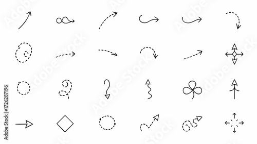 Vector collection of various hand drawn arrow styles and shapes on a white background showing directionality and design
