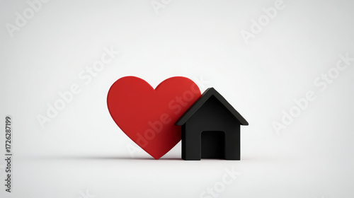 Minimalist 3D rendered red heart and black house, red and black, representing home, love, and family.