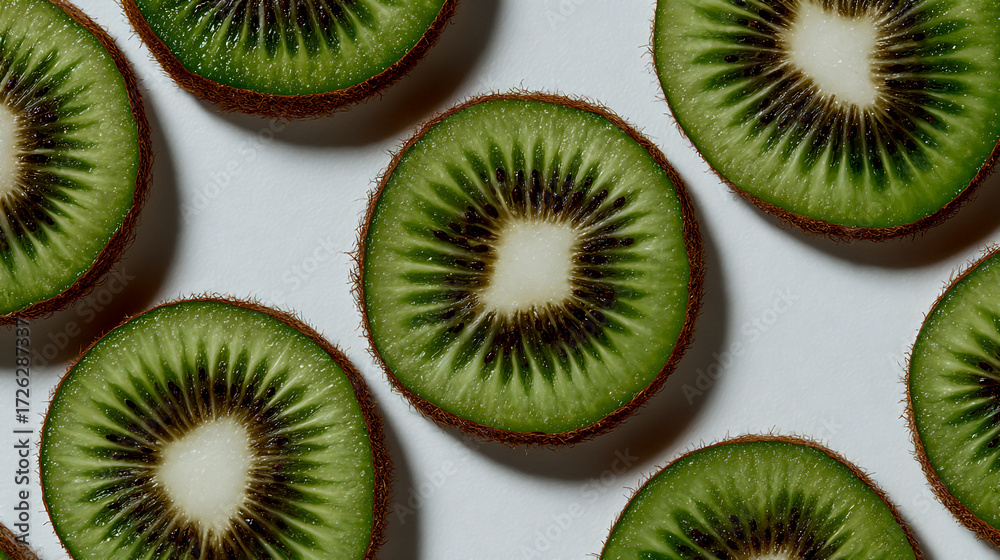 Fototapeta premium Green kiwi slices in a pattern on a white background, close-up view, high-resolution photography, incredibly detailed3