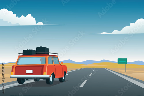 A red vintage car traveling down an open desert highway