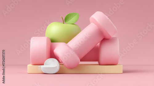 Minimalist 3D rendered pink dumbbells and green apple, pink and green, representing fitness, healthy lifestyle, and weight training.