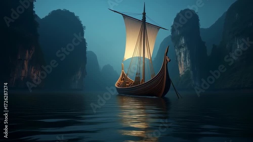 Viking ship gliding serenly through calm fjord waters, navigating between towering rocky cliffs during soft twilight, revealing ancient Nordic maritime exploration and tranquil wilderness landscape 4k