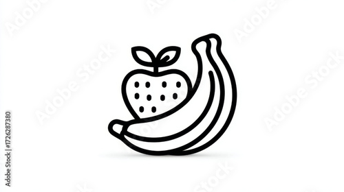 Minimalist line art of a strawberry and banana, monochrome, representing fruit and wellness.