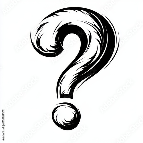 Abstract swirling question mark, black and white, representing complexity and intrigue.