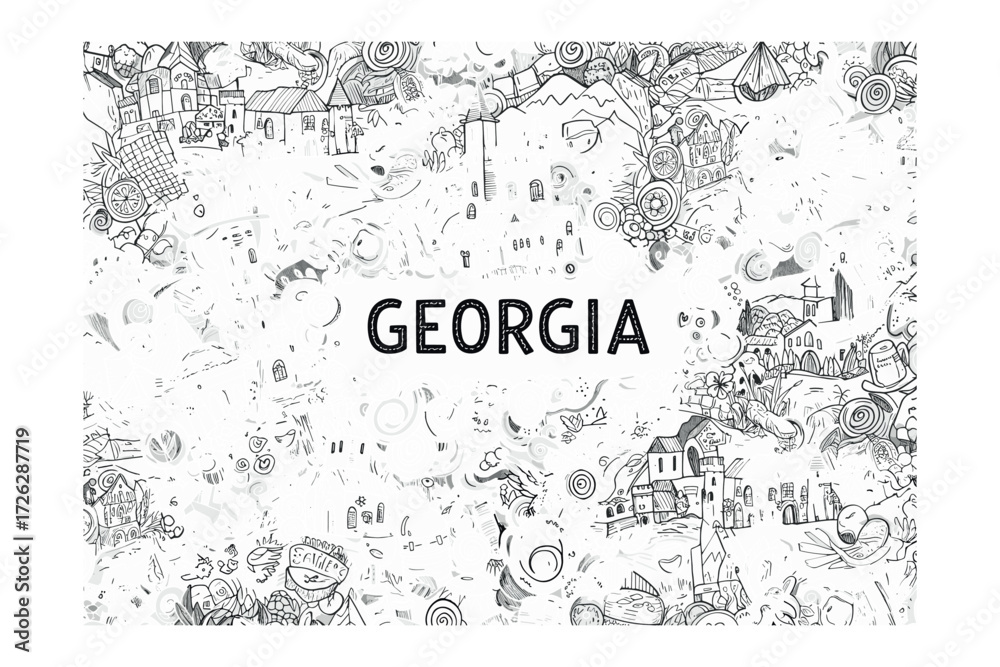 Fototapeta premium Artistic representation of georgia's culture and landscapes creative illustrations multicultural environment aerial view. Vector illustration