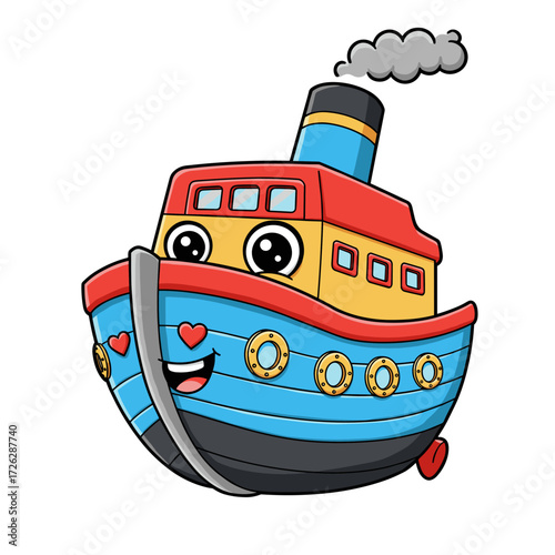 A vibrant cartoon boat with a smiling face, heart accents, and puffing smokestack sails through a pink background. Its colorful design and friendly expression make it perfect for joyful, child-friendl
