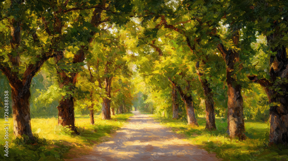 Naklejka premium Oak trees lining serene road in painting concept. Serene tree-lined path showcasing nature's vibrant greenery.