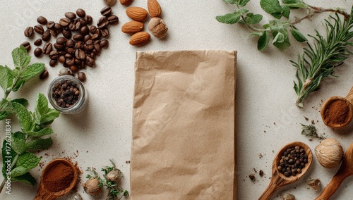 Wallpaper Mural Flatlay of a kraft paper bag surrounded by coffee beans, nuts, spices, and herbs on a light background Torontodigital.ca