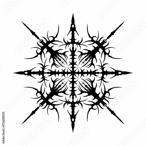 Symmetrical tribal vector star or cross with sharp ornamental spikes, neo tribal blackwork style. Perfect for tattoo design, t-shirt print, stickers, or gothic decoration