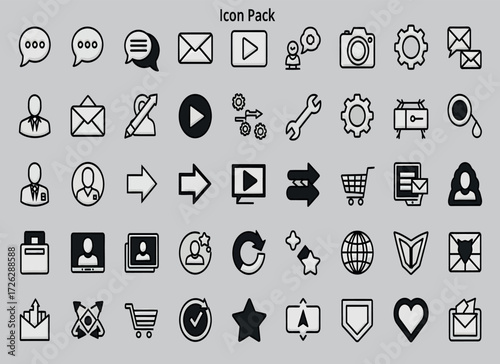 A diverse collection of black and white universal icons for web and application user interface design.
