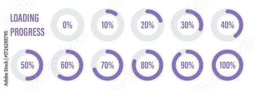 Loading progress. Set of circle percentage diagrams for infographics 0,10, 20, 30, 40, 50, 60, 70, 80, 90, 100 percent. Pie charts icon.
