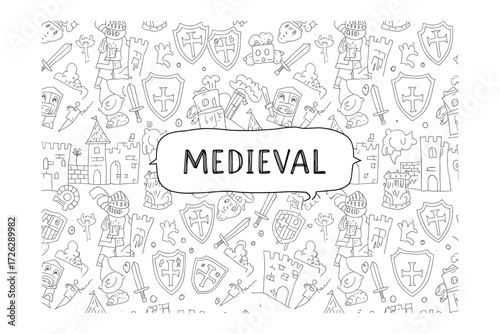 Medieval themed illustrations featuring knights castles and swords fantasy digital design playful environment. Vector illustration