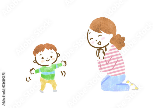 初めて歩いた子供を見て喜ぶ母親の手描きイラスト