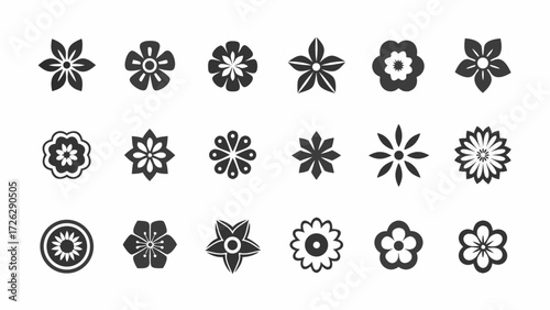 Elegant floral icon set with diverse flower silhouettes, perfect for botanical designs, spring themes, and nature-inspired projects, originally a scalable graphic