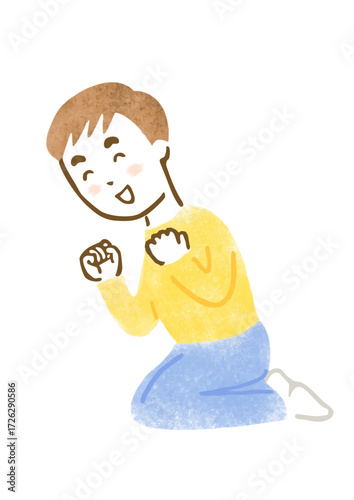 何かを見て応援している男性の手描きイラスト（座位）
