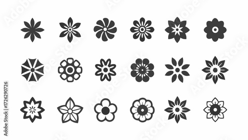 Elegant floral icon set collection featuring modern graphic flower shapes for creative projects, perfect for branding, design elements, and spring promotions