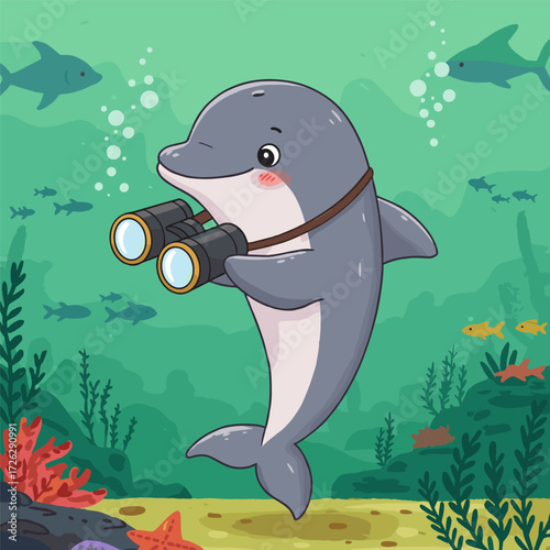 A playful dolphin with binoculars explores a vibrant underwater world filled with colorful fish, coral reefs, and seaweed. The whimsical scene blends marine life with imaginative storytelling.