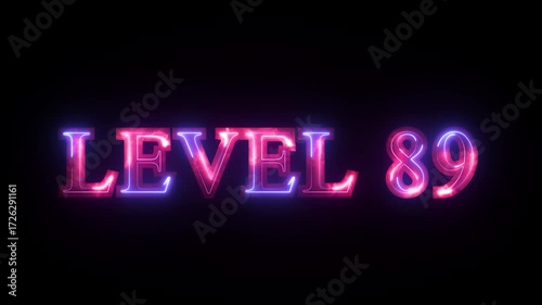 Neon Level 1 text font animation.  Letters spelling out level Up appear screen display animation. Level Up neon sign text animation.