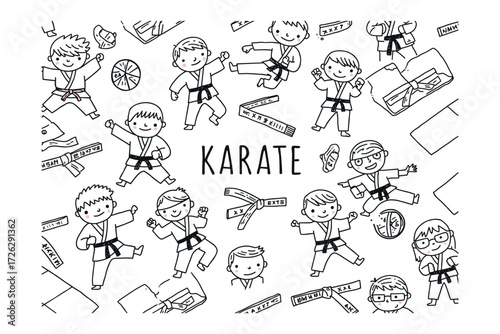 Karate action scenes by kids fun environment illustrative engaging and playful viewpoint. Vector illustration