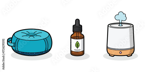 Meditation cushion, essential oil bottle, and diffuser sit sidebyside on a white surface, promising relaxation and mindfulness in a peaceful setting.