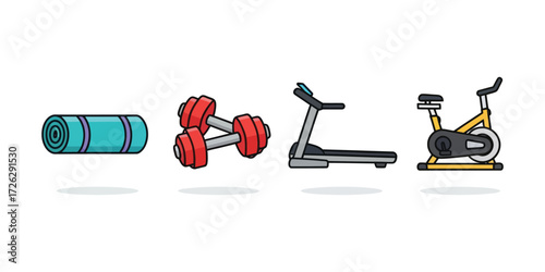 Gym equipment including yoga mat, dumbbells, treadmill, and exercise bike arranged on white background for fitness and healthy lifestyle.