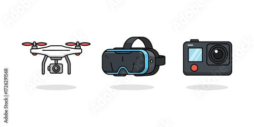 Drone, vr headset, and action camera sitting on a white surface representing modern technology and hobbies in a simple, clean style.