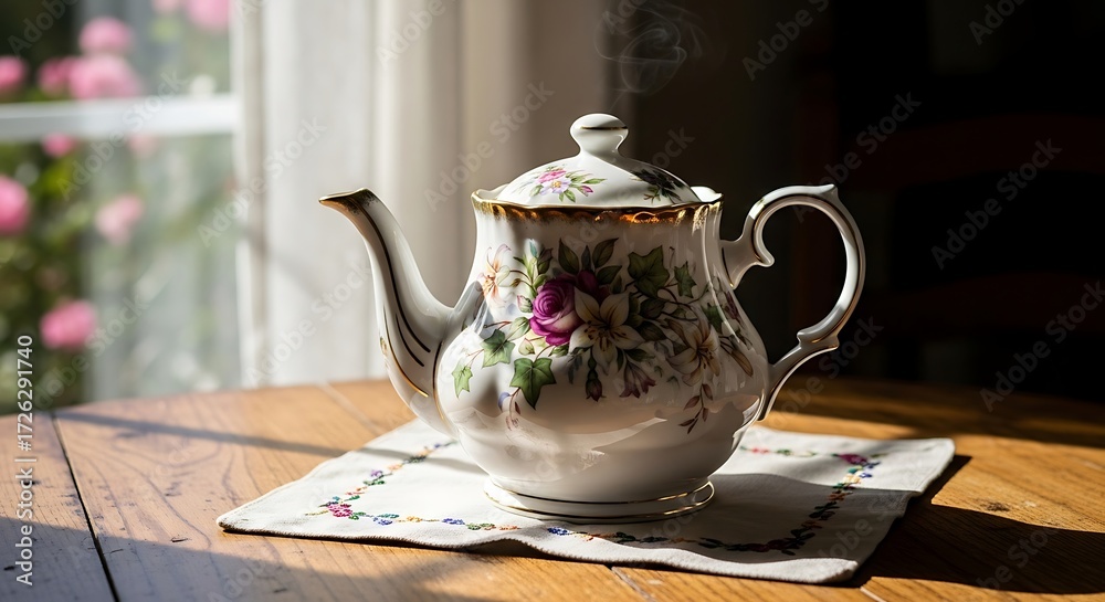 Fototapeta premium Elegant Porcelain Teapot on Wooden Table.