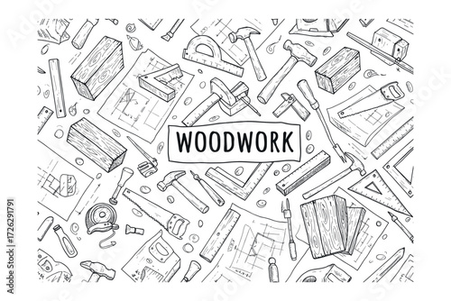 Woodwork tools and materials workshop graphic creative space top-down view craftsmanship essentials. Vector illustration