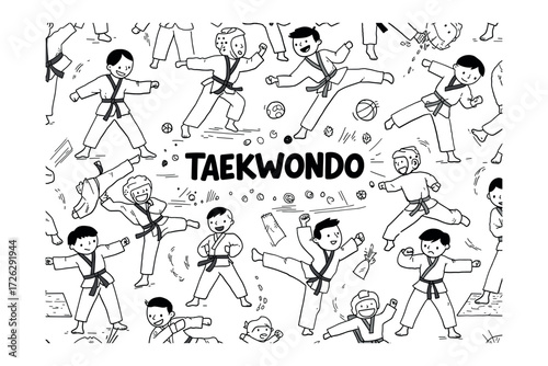 Dynamic taekwondo moves martial arts illustrative active environment bird's eye view sportsmanship concept. Vector illustration