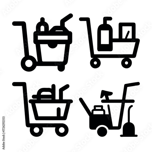 A set of janitorial service icons showing cleaning carts with professional sanitation equipment for housekeeping and maintenance