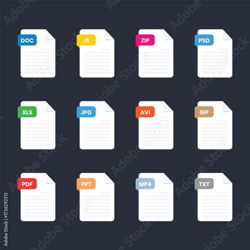 File type icon set. Popular files format and document in flat style design. Format and extension of documents. Set of graphic templates