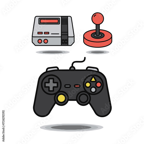 Retro gaming console and controllers floating above a white surface showcasing classic entertainment and nostalgic fun.