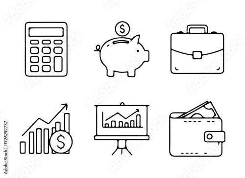 Finance and business line icons set for money savings and investment