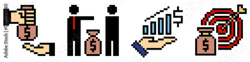 Set pixel finance icon vector for business, accounting, and monetary management. Useful for illustrating a collection of financial tools in a fun, retro, 8-bit aesthetic
