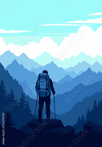 Man with backpack hiking in mountains at sunrise, enjoying vast scenic landscape, feeling adventurous