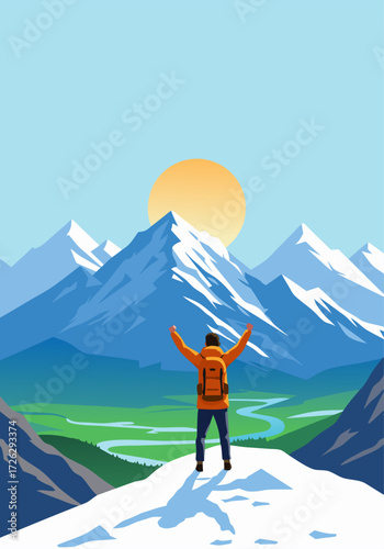 Man Reaching Mountain Peak Inspiring Adventure and Achievement in Nature's Embrace