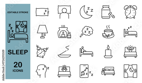 Sleep and Relaxation Icon Collection Featuring Beds, Pillows, Aromatherapy, and Nighttime Comfort Items. Editable Stroke. Vector Illustration.
