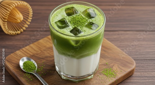 Iced matcha latte in glass