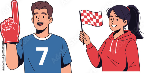 Cartoon Lifestyle Icons Featuring Enthusiastic Fans with Foam Finger and Flag, Cheerful Mood, Sports Theme, and Supportive Crowd Scene