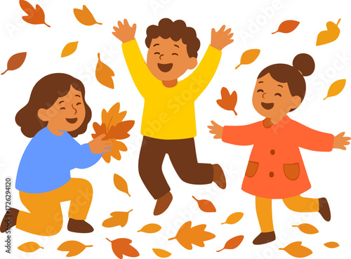 Cute kids playing and jumping with autumn leaves. Happy children in fall. Funny girls and boy in outdoor activity. Cartoon friends, hand drawn vector illustration. Flat design.isolated on transparent 