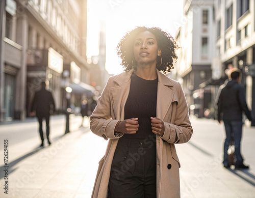 Fashionable young woman walking in modern city street, stylish outfit, candid photo style, natural daylight
