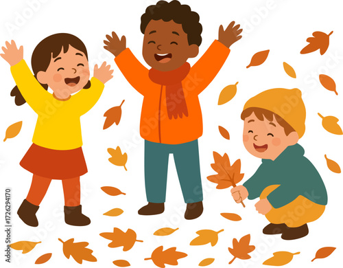 Cute kids playing and jumping with autumn leaves. Happy children in fall. Funny girls and boy in outdoor activity. Cartoon friends, hand drawn vector illustration. Flat design.isolated on transparent 