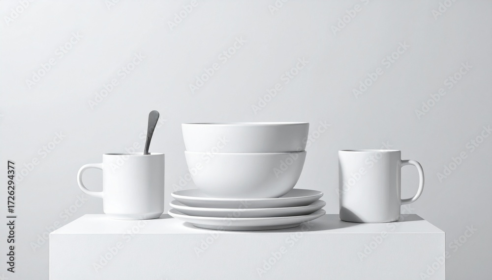 Fototapeta premium 무광 흰 도자기 식기 세트 Matte White Porcelain Tableware Set