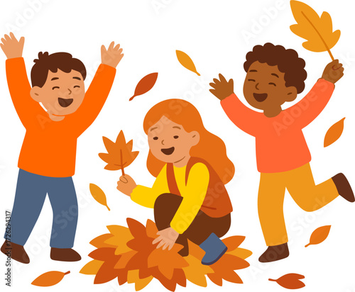 Cute kids playing and jumping with autumn leaves. Happy children in fall. Funny girls and boy in outdoor activity. Cartoon friends, hand drawn vector illustration. Flat design.isolated on transparent 